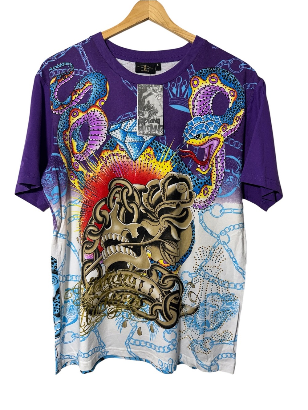 Christian Audigier Y2K Rhinestone Skull Snake Graphic Tee Women’s Large NWT